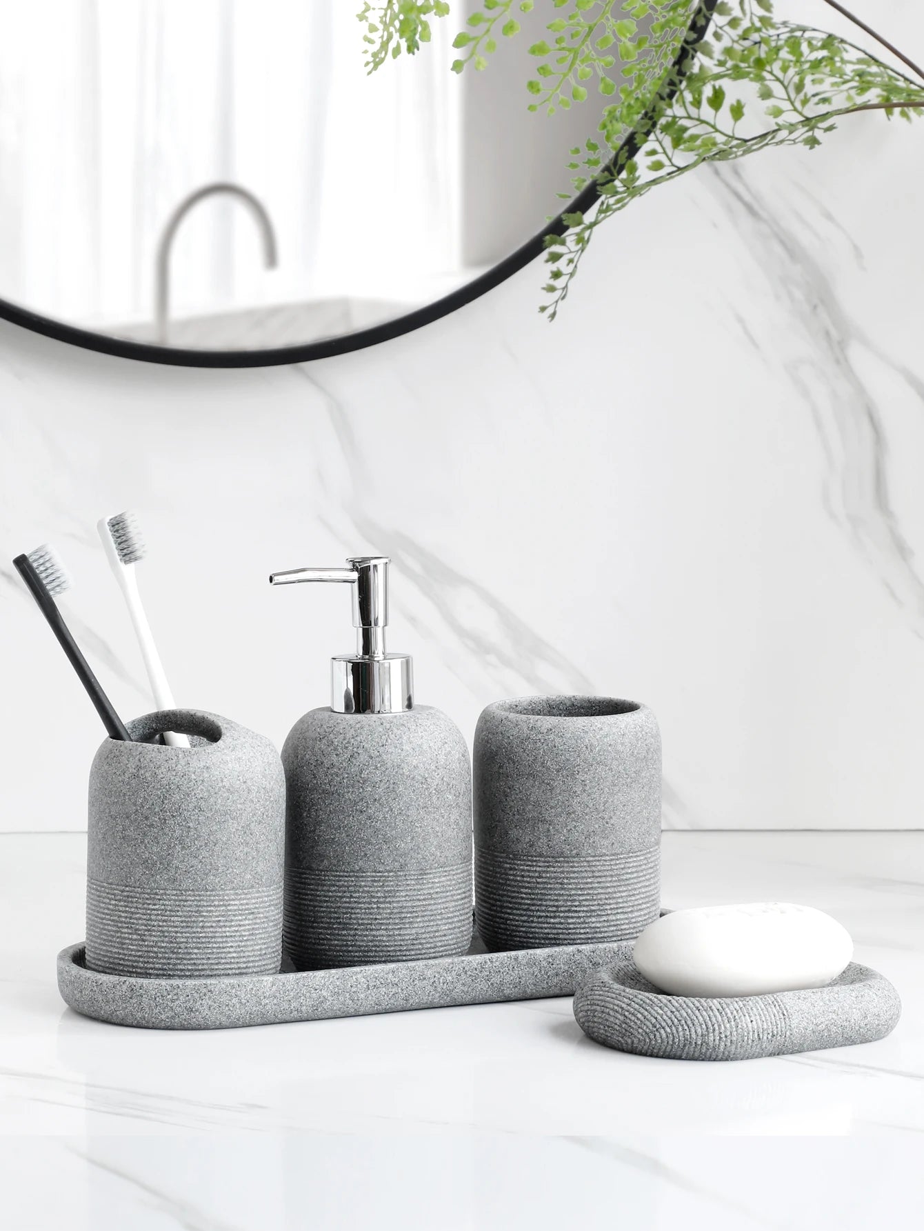 Ensemble d'accessoires de salle de bain 5 pièces - Beige et gris