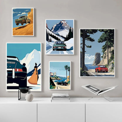 Affiche rétro Porsche 911 - Art mural voyage alpin sur toile
