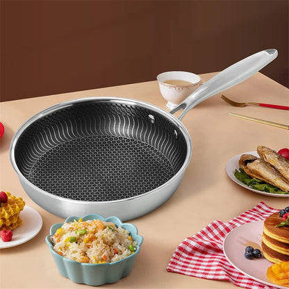 Poêle à Frire Antiadhésive en Acier Inoxydable avec Couvercle - Compatible Induction