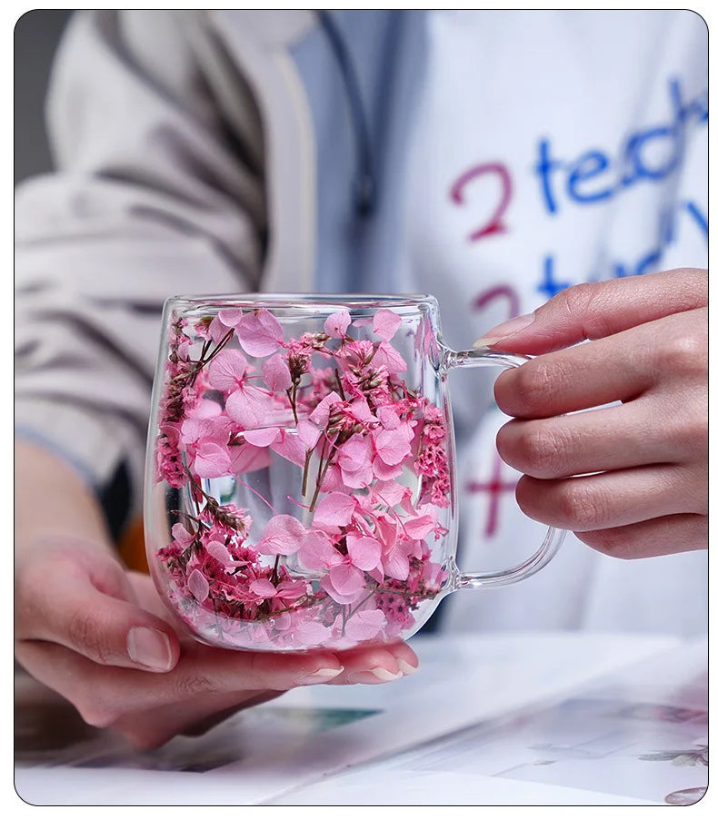 Tasse Anti-brûlure Double Couche Fleur Séchée Créative pour Bureau