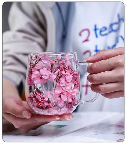 Tasse Anti-brûlure Double Couche Fleur Séchée Créative pour Bureau