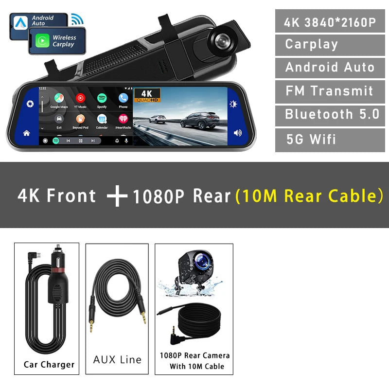 Dashcam 4K 3840P avec Carplay, GPS et WiFi - Caméra Voiture