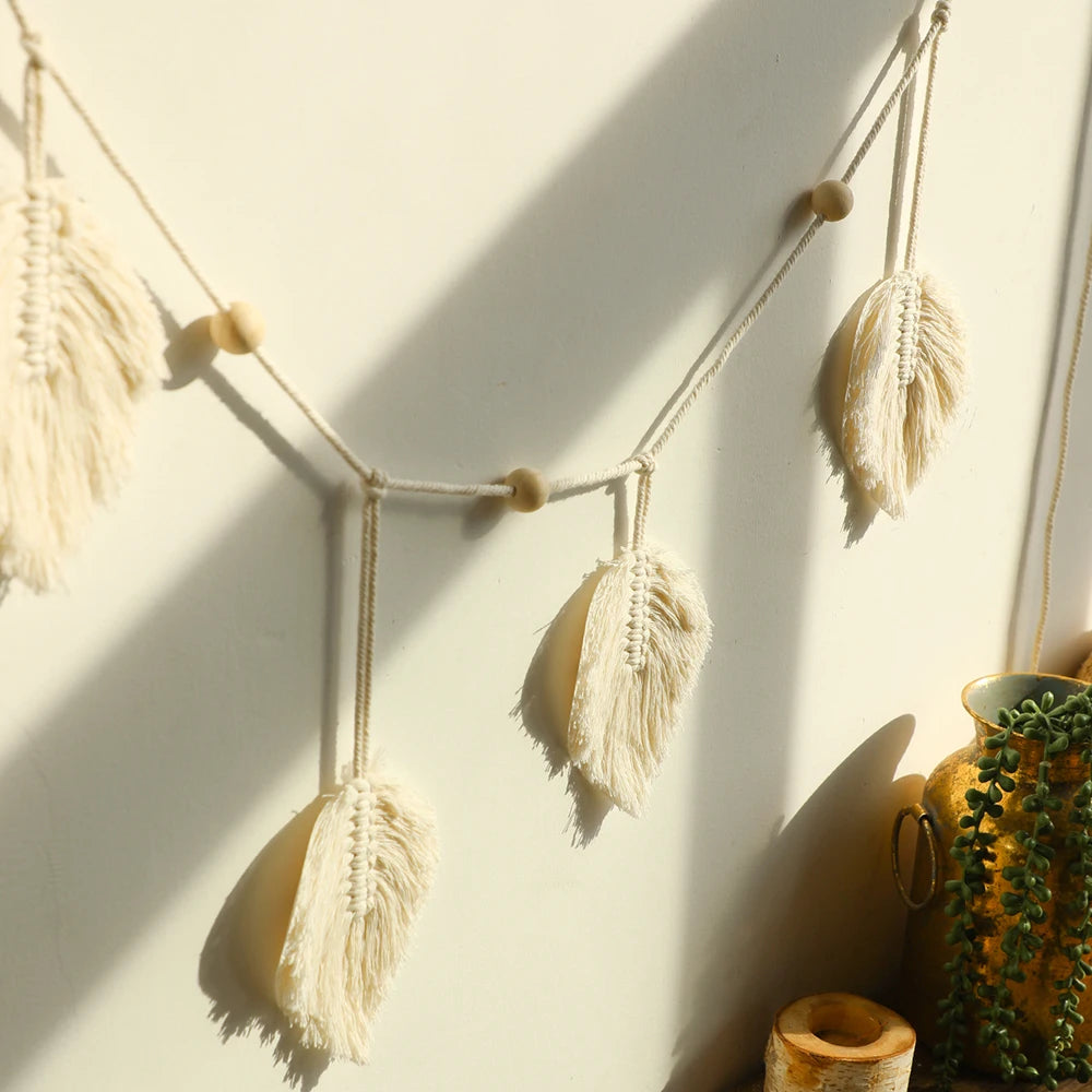 Tenture Murale Boho en Macramé avec Feuilles et Glands