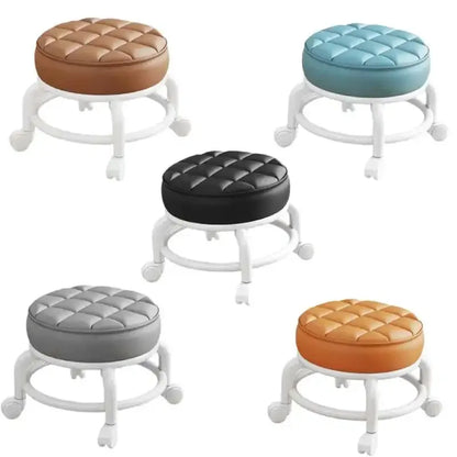 Tabouret Roulant en Cuir PU avec Roulettes - Pouf Rond Pratique