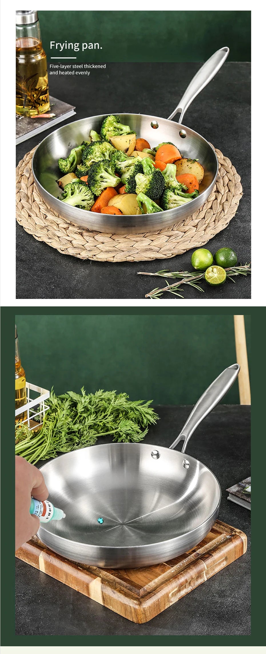 Poêle à frire en inox 304 antiadhésive pour cuisinière à gaz et induction