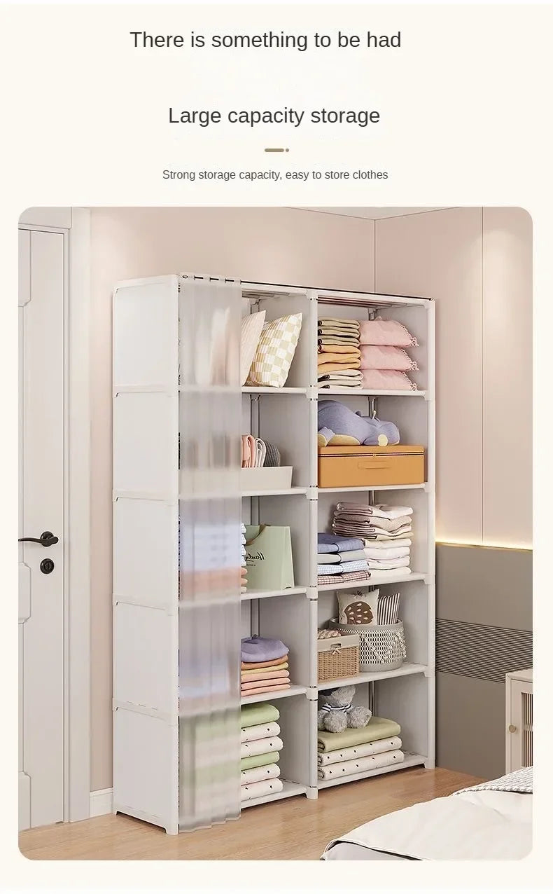Armoire polyvalente anti-poussière avec rideaux et étagères