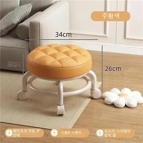 Tabouret Roulant en Cuir PU avec Roulettes - Pouf Rond Pratique