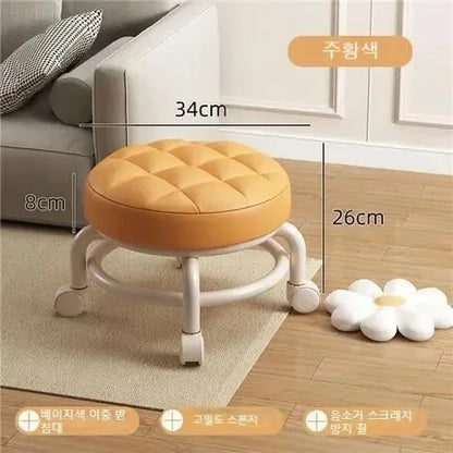 Tabouret Roulant en Cuir PU avec Roulettes - Pouf Rond Pratique
