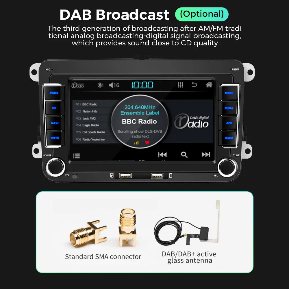 Autoradio Android 7" GPS Carplay pour VW, Seat, Audi - 2Din