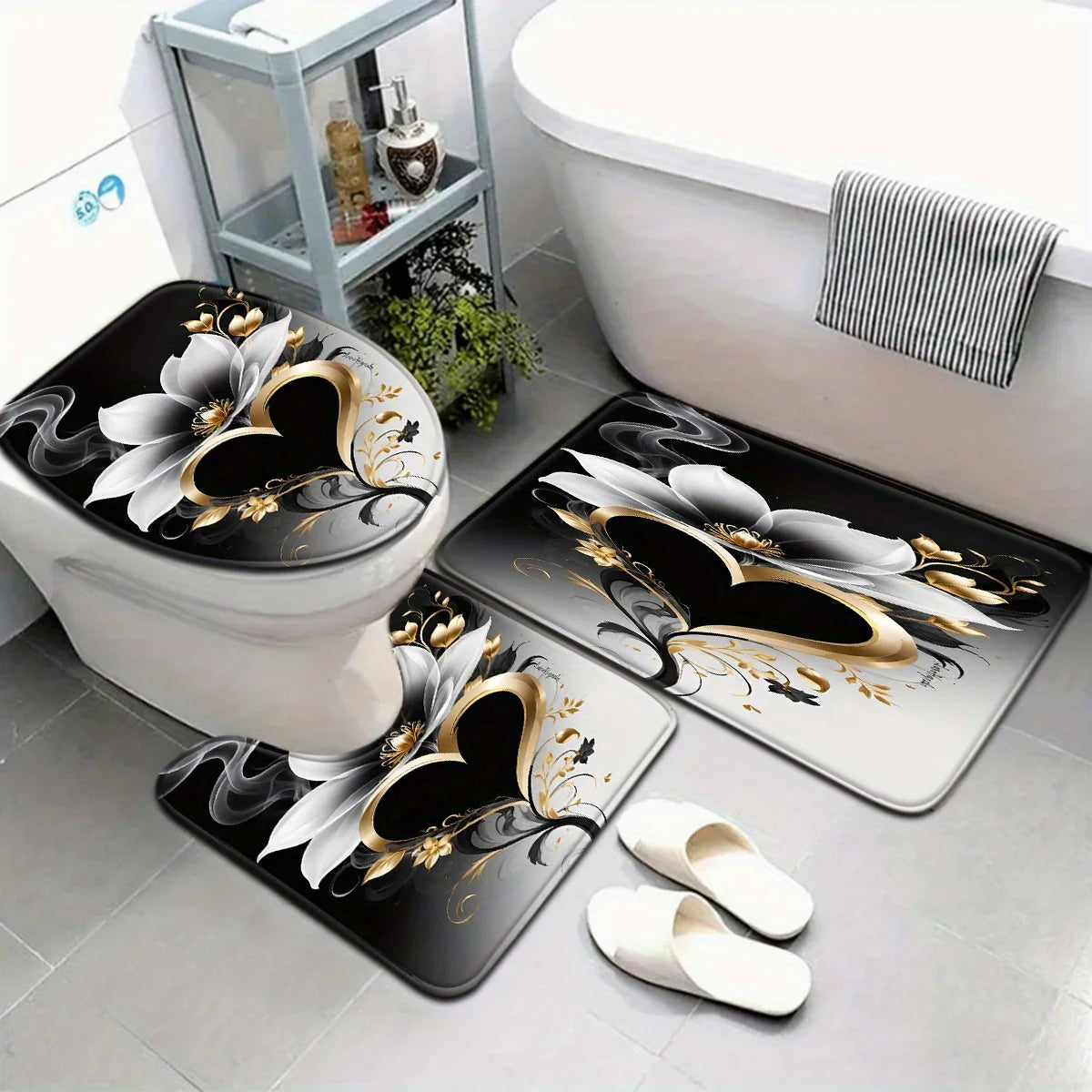 Tapis de bain élégant en cœur avec housse et antidérapant