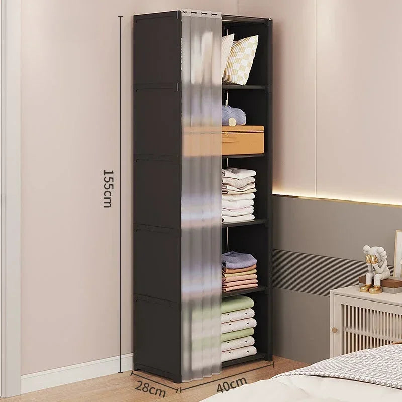 Armoire polyvalente anti-poussière avec rideaux et étagères