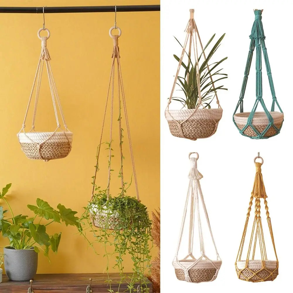 Porte-plante en macramé beige fait main pour intérieur et balcon