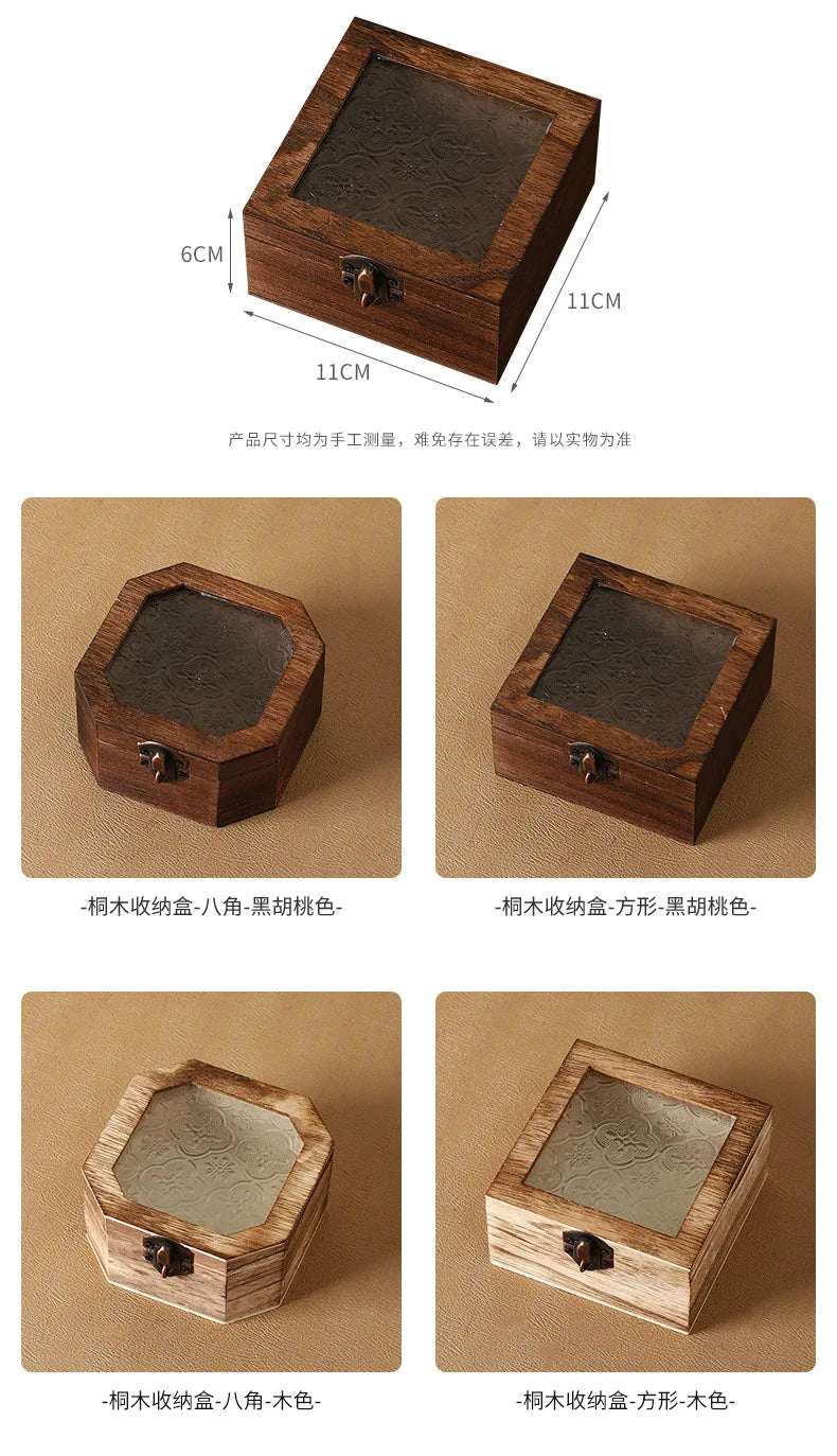 Boîte de rangement en bois rétro avec verre - Bégonia décoratif