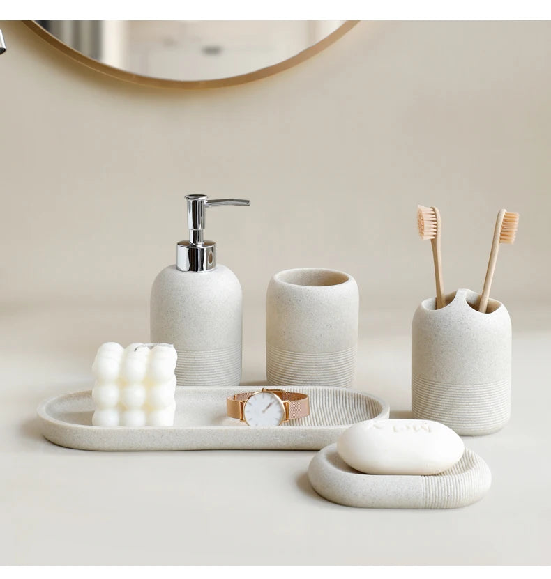 Ensemble d'accessoires de salle de bain 5 pièces - Beige et gris