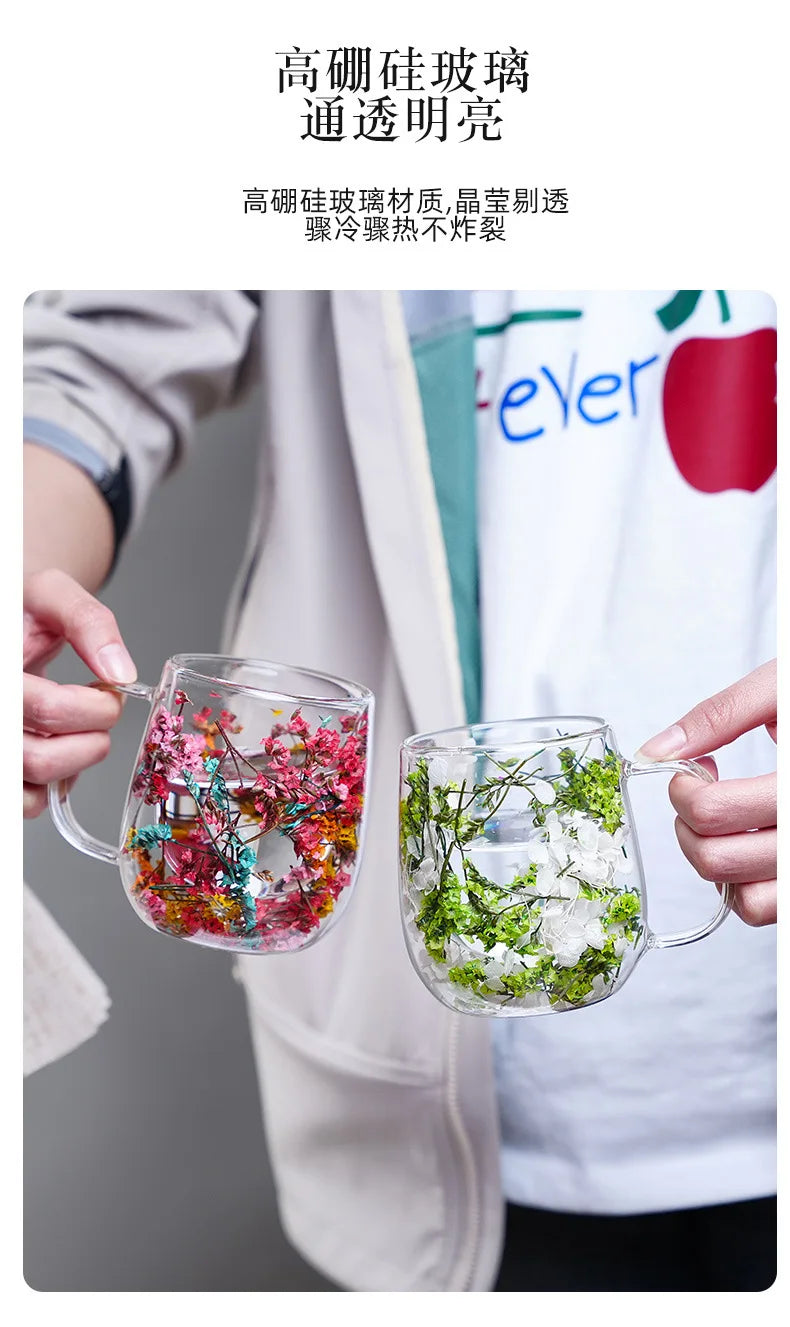 Tasse Anti-brûlure Double Couche Fleur Séchée Créative pour Bureau