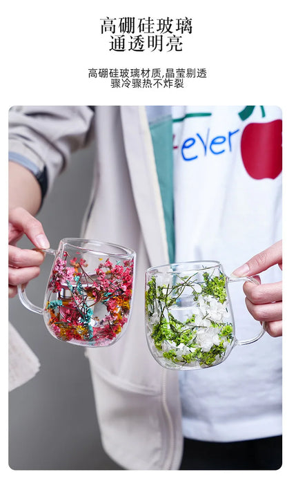 Tasse Anti-brûlure Double Couche Fleur Séchée Créative pour Bureau