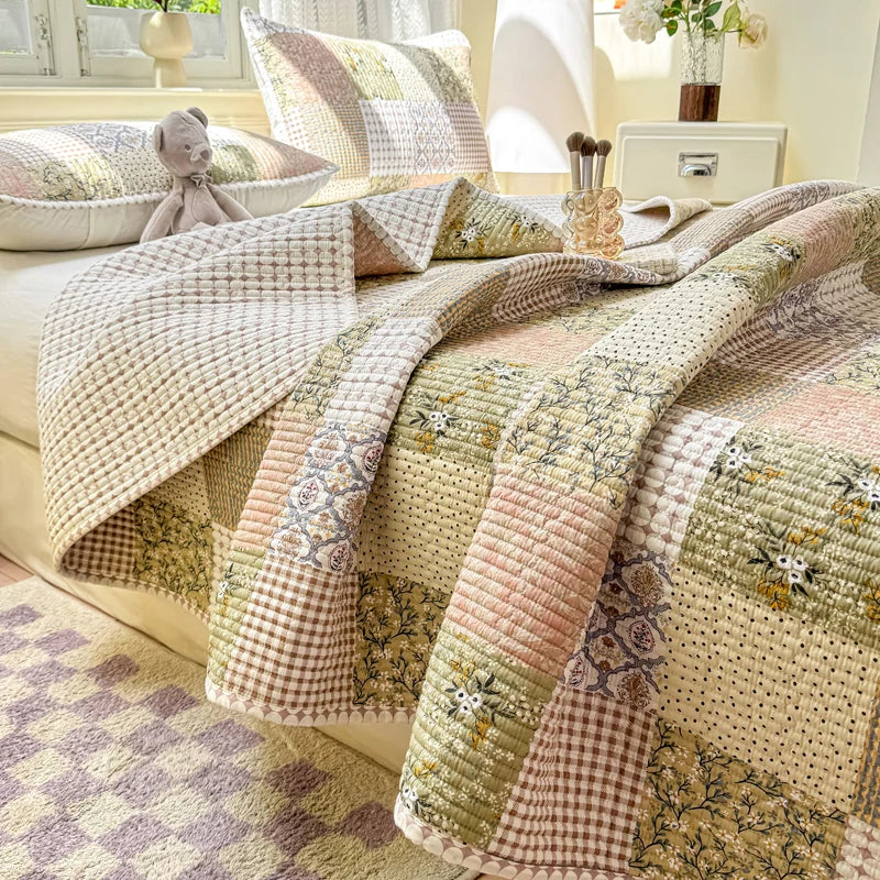 Couvre-lit patchwork en coton 3 pièces, style campagne floral