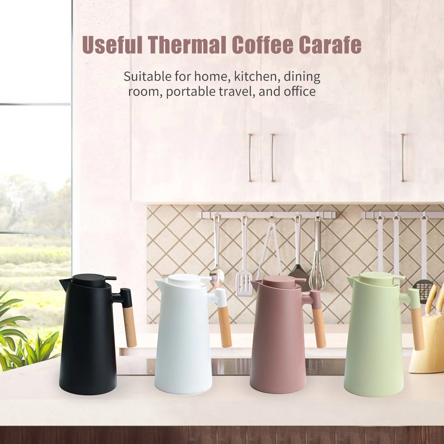 Carafe thermique isolée 1L avec poignée en bois - Garde au chaud/froid