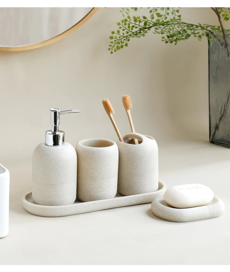 Ensemble d'accessoires de salle de bain 5 pièces - Beige et gris