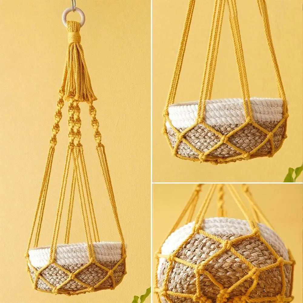 Porte-plante en macramé beige fait main pour intérieur et balcon