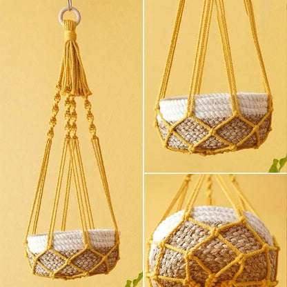 Porte-plante en macramé beige fait main pour intérieur et balcon