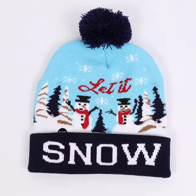 Chapeau de Noël LED Clignotant - Bonnet Tricoté Bonhomme de Neige