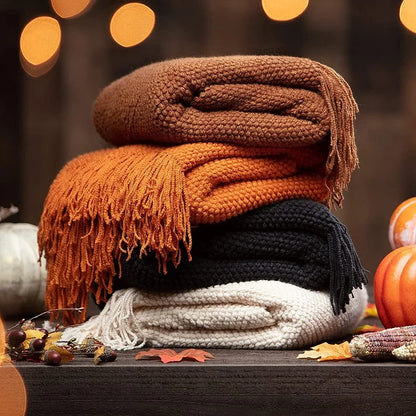 Plaid Vintage Orange Rouge Tricoté avec Glands - Confort Luxe