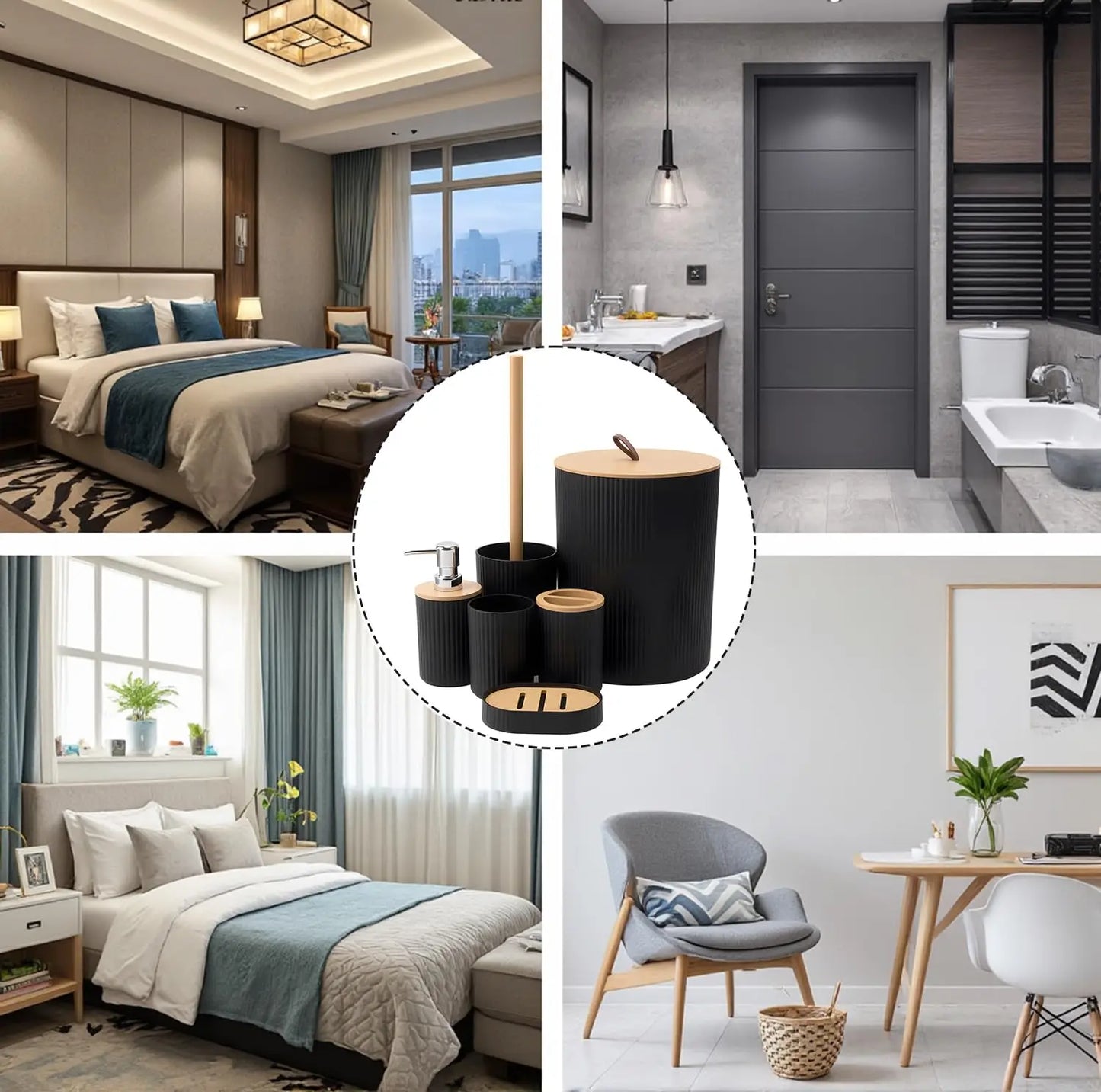 Ensemble de salle de bain moderne : porte-brosse, poubelle & plus