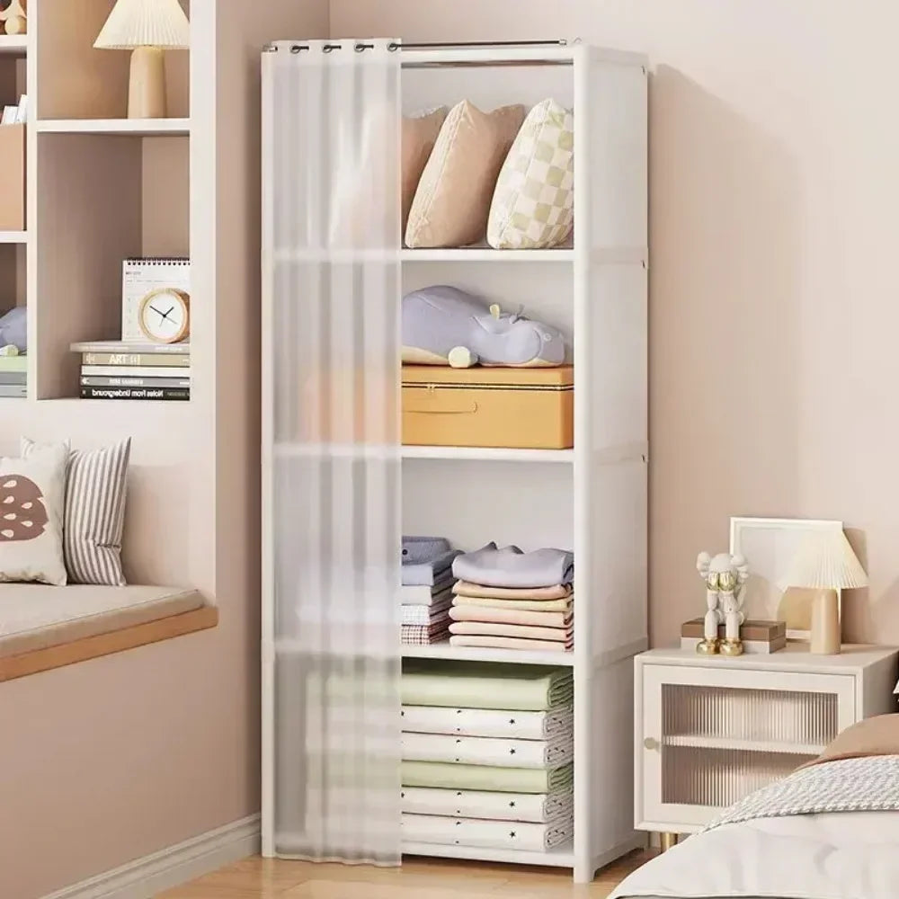 Armoire polyvalente anti-poussière avec rideaux et étagères