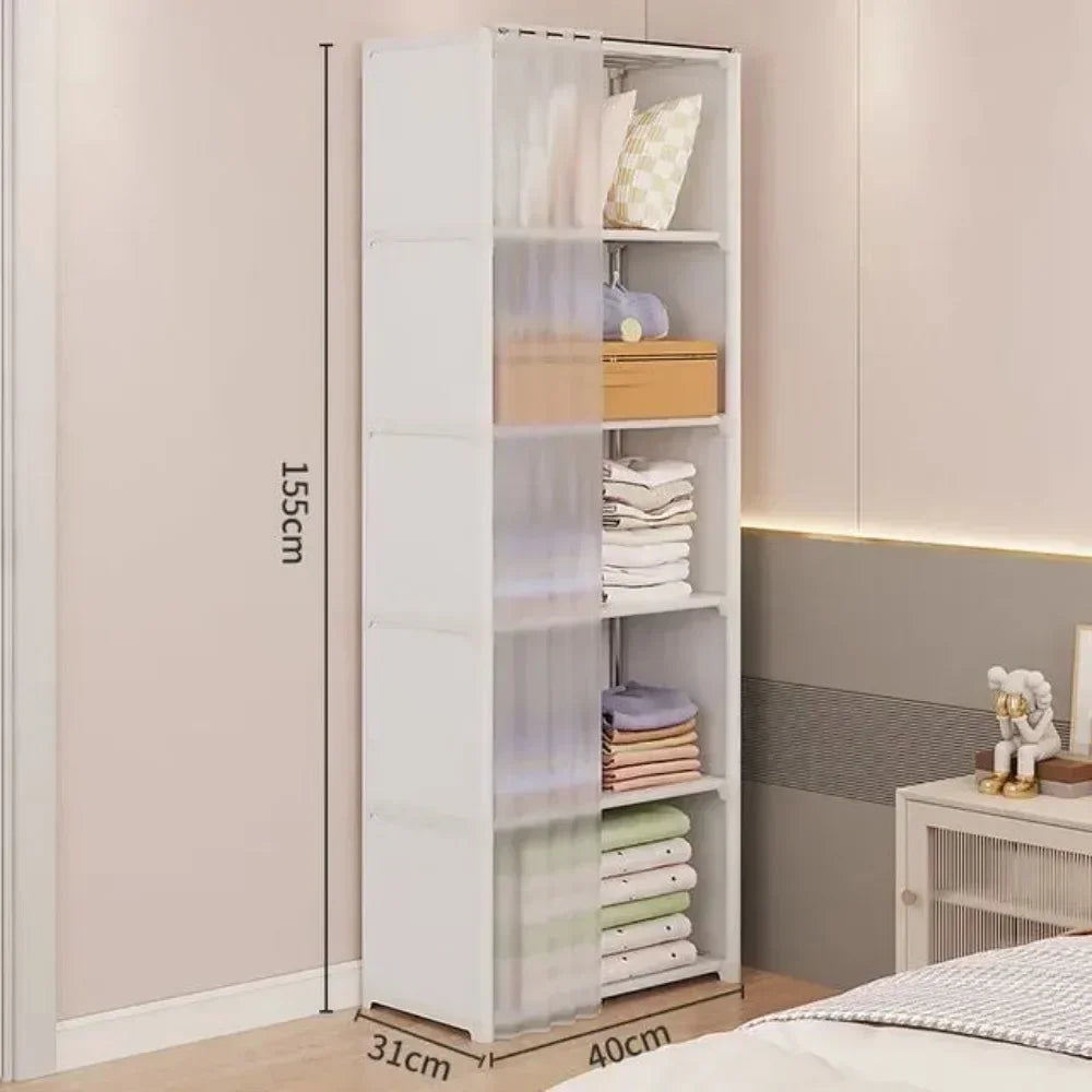 Armoire polyvalente anti-poussière avec rideaux et étagères