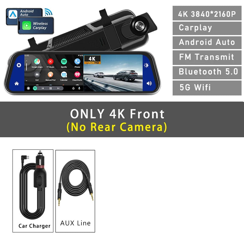 Dashcam 4K 3840P avec Carplay, GPS et WiFi - Caméra Voiture