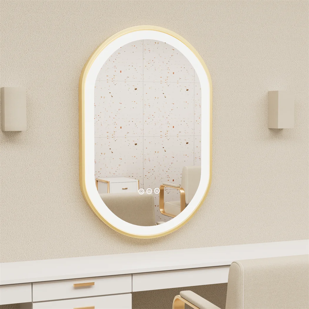 Miroir de Salle de Bain Ovale Luxe LED - Cadre Aluminium Doré