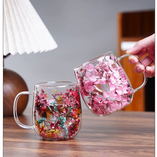 Tasse Anti-brûlure Double Couche Fleur Séchée Créative pour Bureau