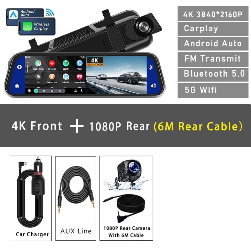 Dashcam 4K 3840P avec Carplay, GPS et WiFi - Caméra Voiture