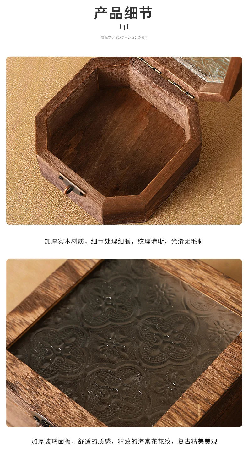 Boîte de rangement en bois rétro avec verre - Bégonia décoratif