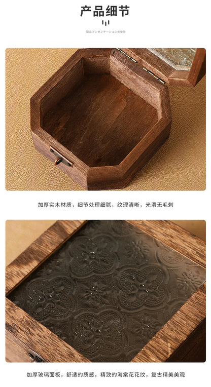 Boîte de rangement en bois rétro avec verre - Bégonia décoratif