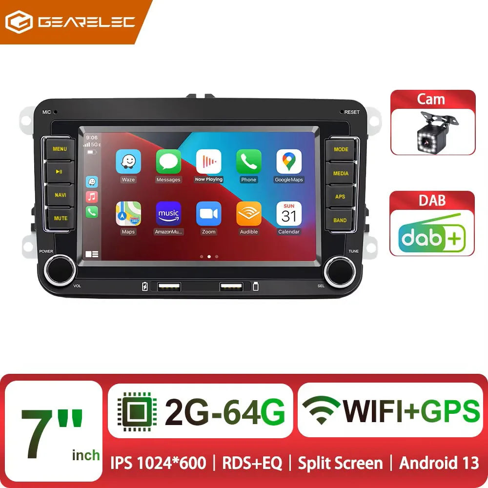 Autoradio Android 7" GPS Carplay pour VW, Seat, Audi - 2Din