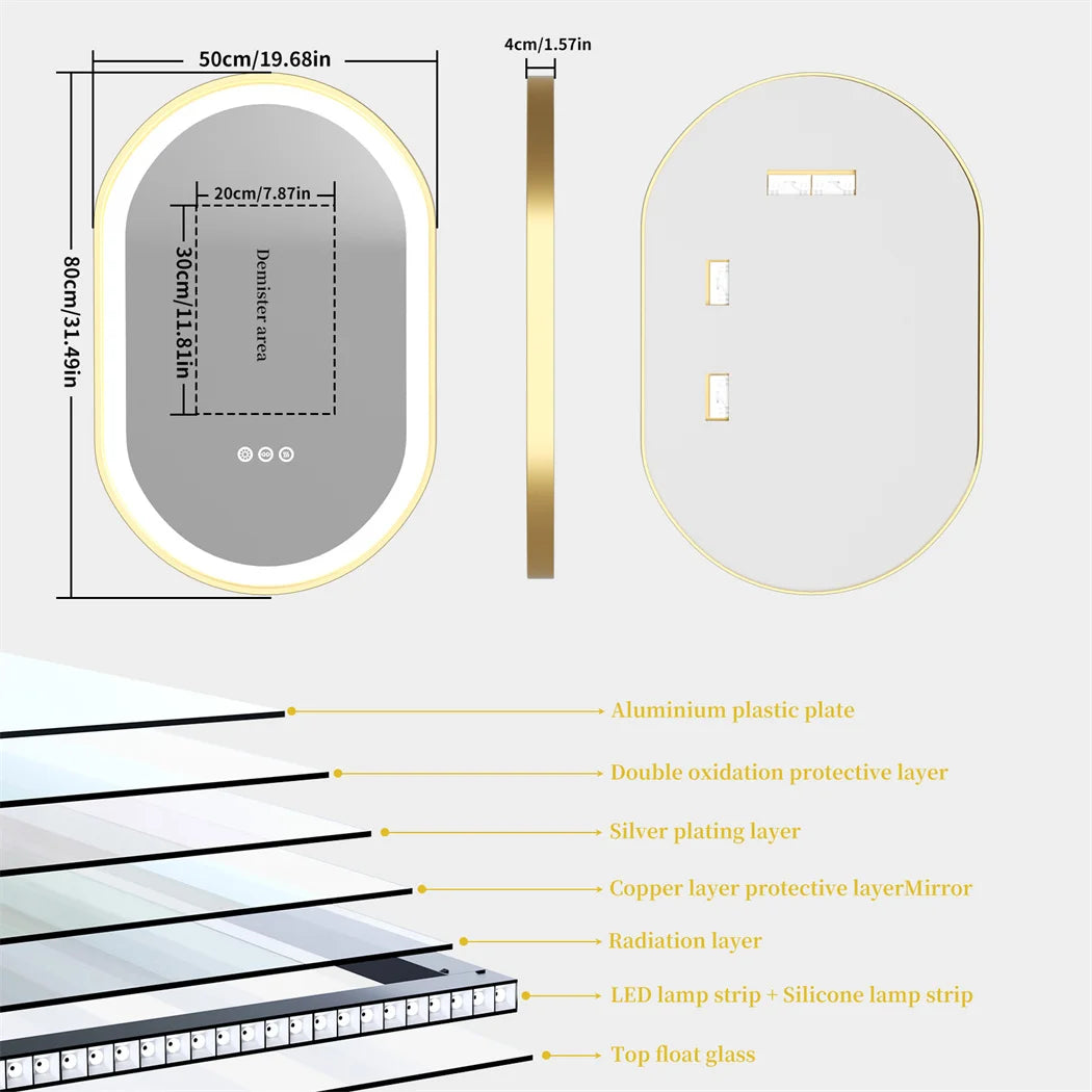 Miroir de Salle de Bain Ovale Luxe LED - Cadre Aluminium Doré