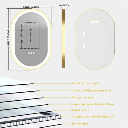Miroir de Salle de Bain Ovale Luxe LED - Cadre Aluminium Doré