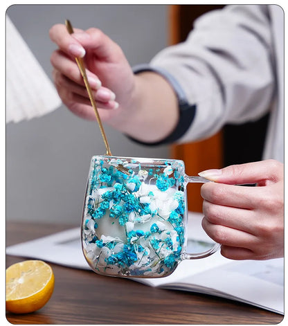 Tasse Anti-brûlure Double Couche Fleur Séchée Créative pour Bureau
