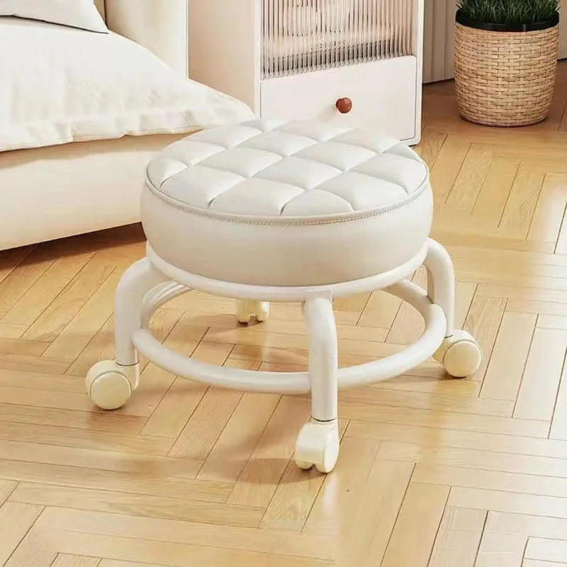 Tabouret Roulant en Cuir PU avec Roulettes - Pouf Rond Pratique