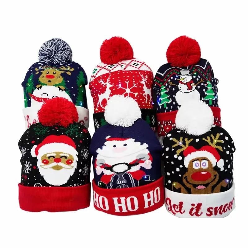 Chapeau de Noël LED Clignotant - Bonnet Tricoté Bonhomme de Neige