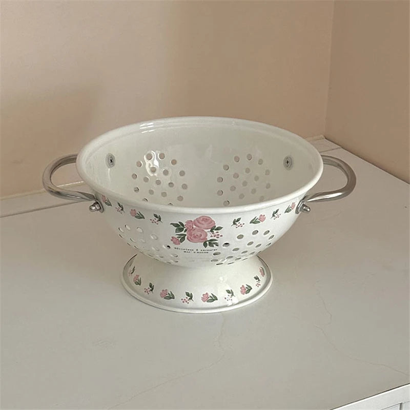 Panier à fruits vintage en émail rose - Élégance pour la cuisine