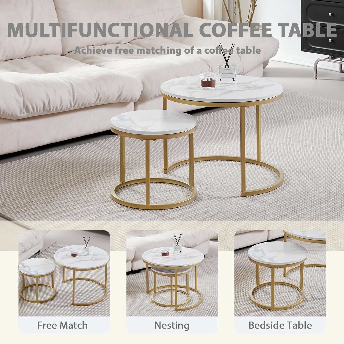 Table d'Appoint Ronde en Marbre Nordique - Luxe 60cm/80cm