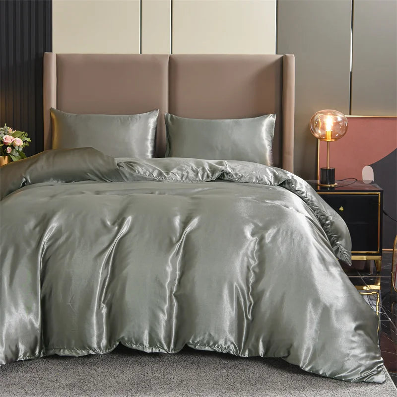 Housse de Couette Satin 3 pièces Queen Noir - Luxe & Douceur