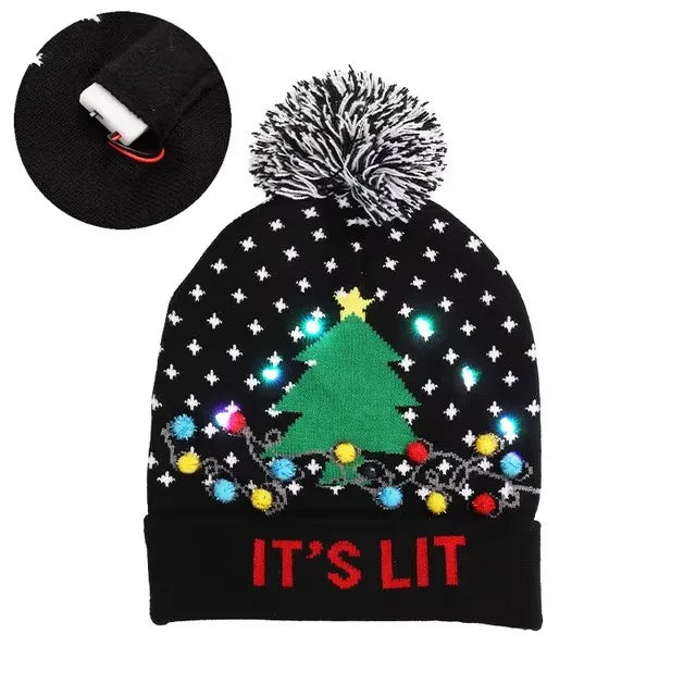 Chapeau de Noël LED Clignotant - Bonnet Tricoté Bonhomme de Neige