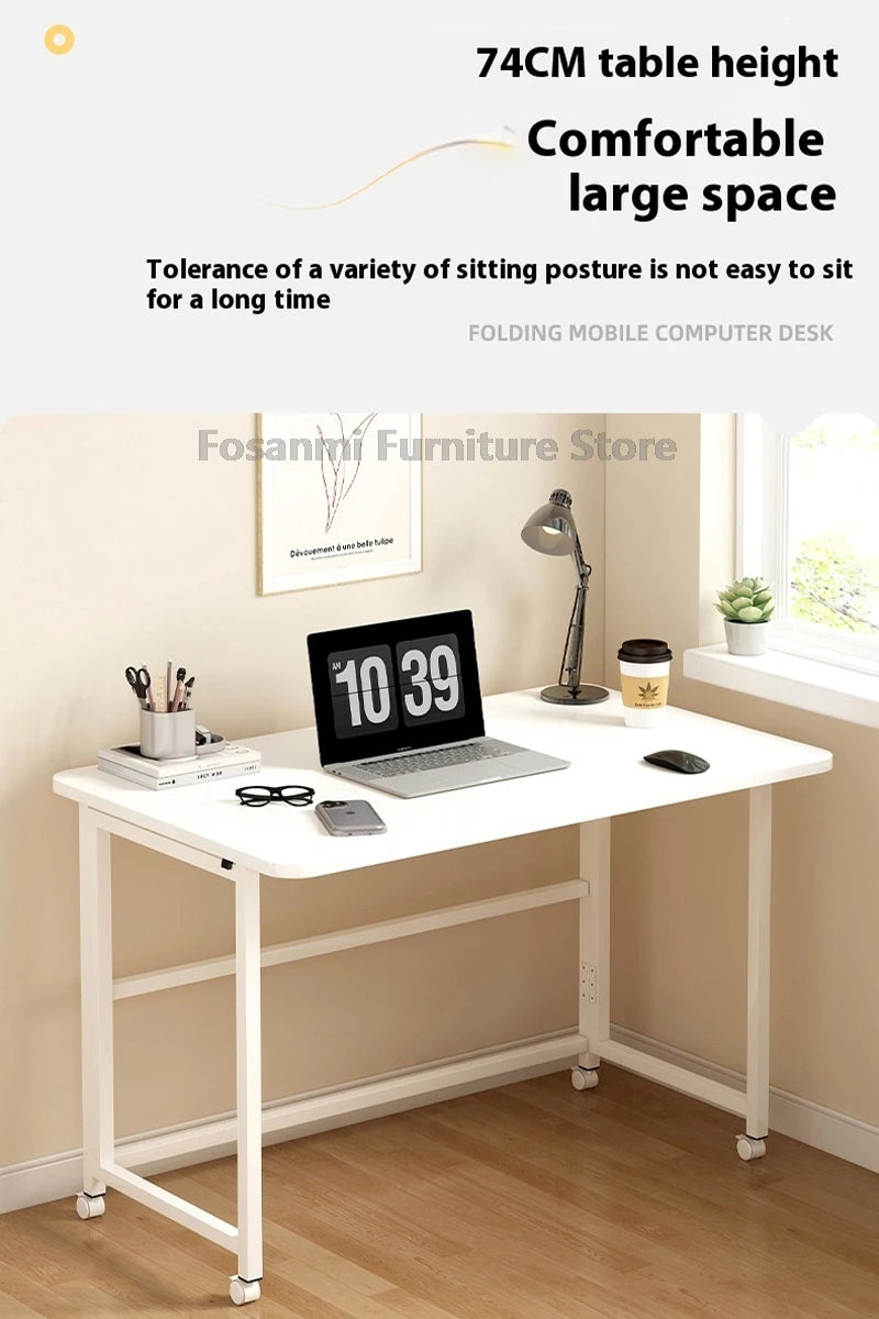 Bureau pliable blanc compact avec roulettes pour bureau à domicile