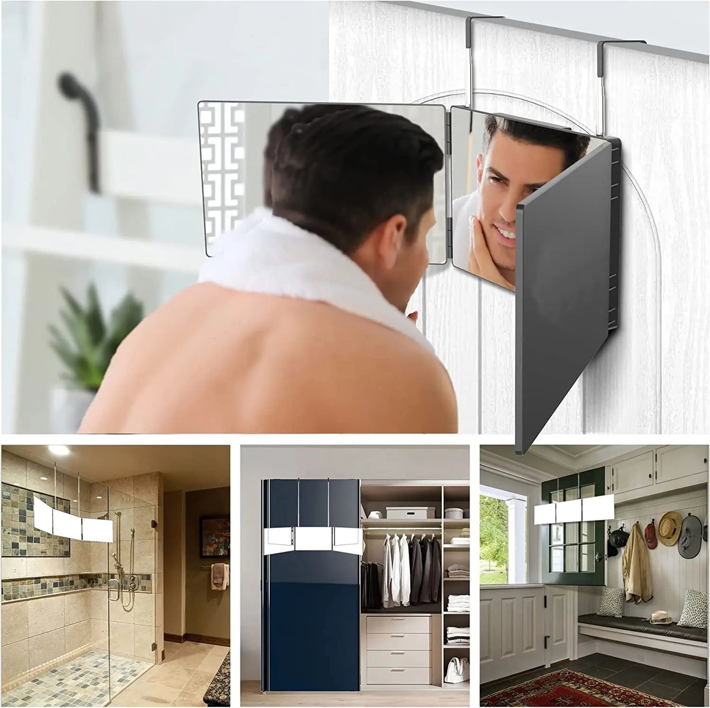 Miroir de maquillage portable 3 volets 360° avec crochet réglable