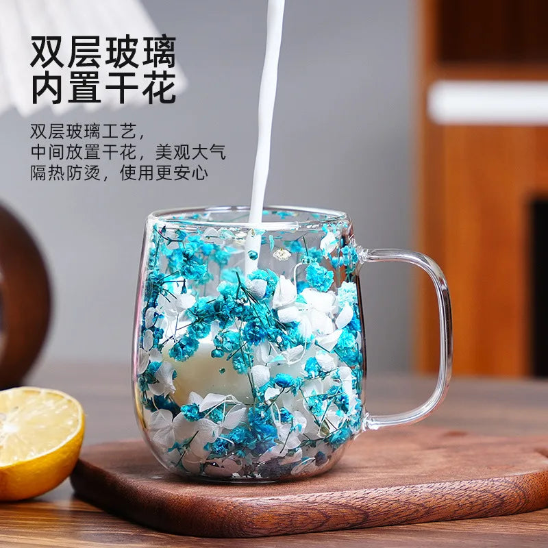 Tasse Anti-brûlure Double Couche Fleur Séchée Créative pour Bureau