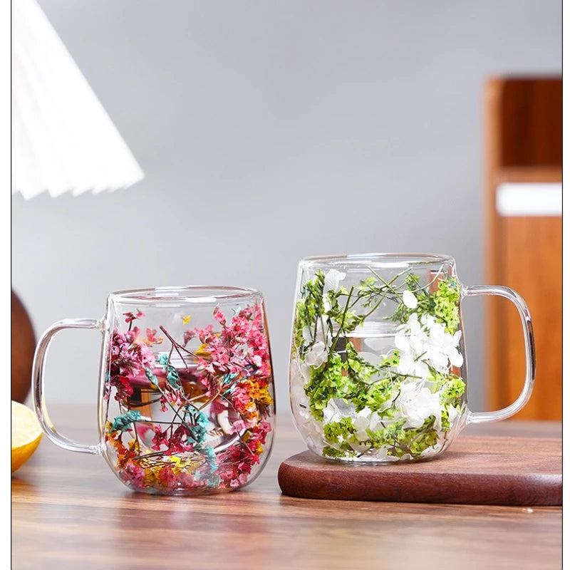 Tasse Anti-brûlure Double Couche Fleur Séchée Créative pour Bureau